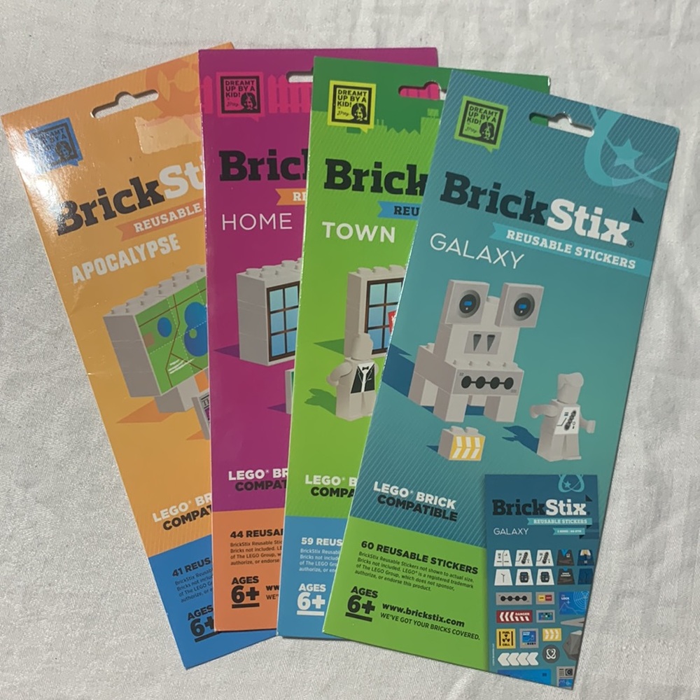 4 Packs of Brick Stix Reusable Stickers, NWT, Galaxy, Apocalypse, Town, Home